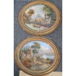 Pair of Swiss Early 19th Century antique reverse glass painted wall mirrors in gilt wooden frames,