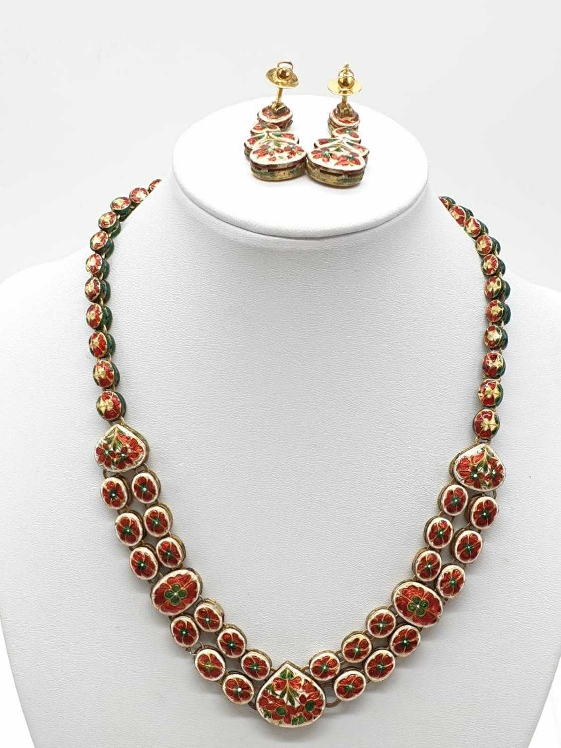 18k Indian set of Ruby and Rose Diamonds NECKLACE (40cm) and EARRINGS. 68g. - Image 2 of 9