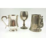 One Silver plate and two pewter drinking vessels (3)