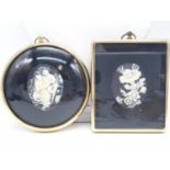 2 miniature cast figurines in gilt frames. 1 round, 1 square. 6 x 7cm