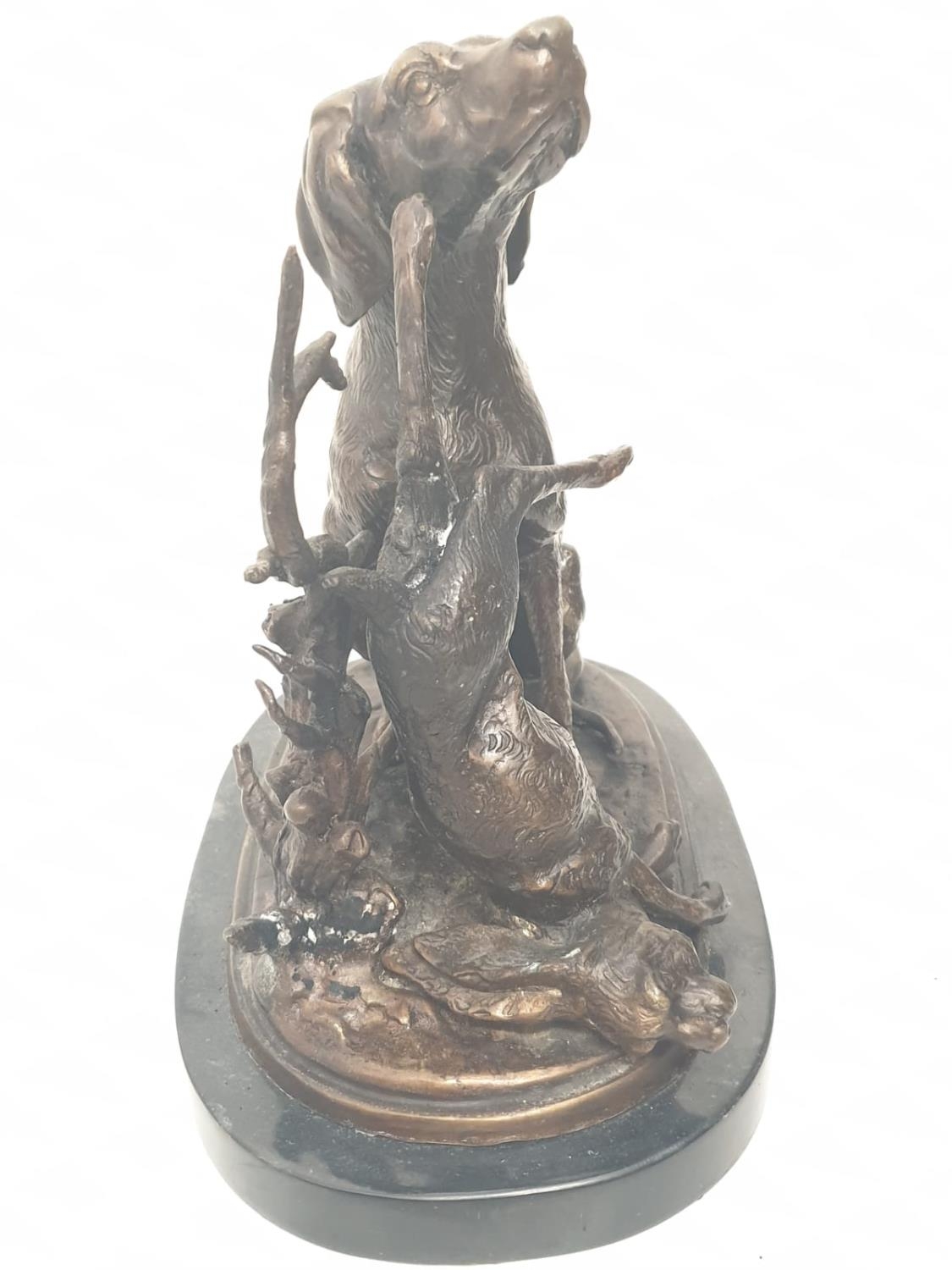 A vintage bronze sculpture of a hunting dog and an unlucky rabbit. 25 x 25 cm. - Image 4 of 6