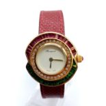 Vintage Bouquet 18ct gold ladies dress watch, round face with emerald, ruby and diamonds surround,