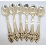 Set of 6 silver coffee spoons from Thailand. Having deighties to top of handles. Clear marking for