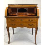 A beautifully inlaid Edwardian writing bureau with roll top and chevroned top. 104 cams tall 76