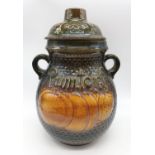 A vintage German Rumtopf ceramic storage jar/vase with lid, fruit pattern design, 32cm tall