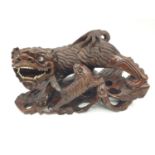 Chinese wood carved FOO LION & CUB, 28cm width