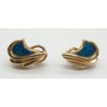 A pair of 14ct gold earrings with turquoise inlays. 8.4g.