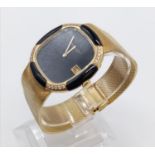 IWC Schaffhausen 18ct gold watch with black face, diamond and enamel bezel, 17.5cm long approx, 35mm