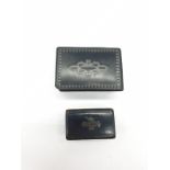 Two antique tiny snuff boxes. Made from lacquered PAPIERE MACHE and SILVER INLAY