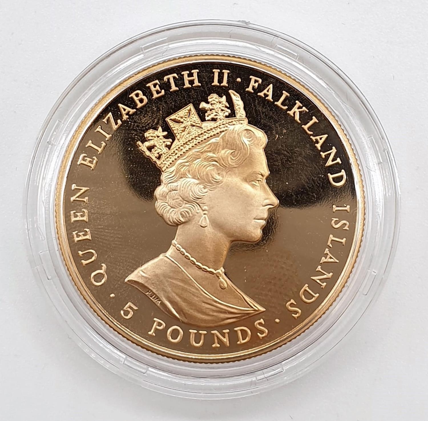 1991 FALKLANDS ISLAND £5 GOLD PROOF ROYAL WEDDING 10TH ANNIVERSARY, 22ct GOLD WEIGHT 39.94g, IN - Image 3 of 4