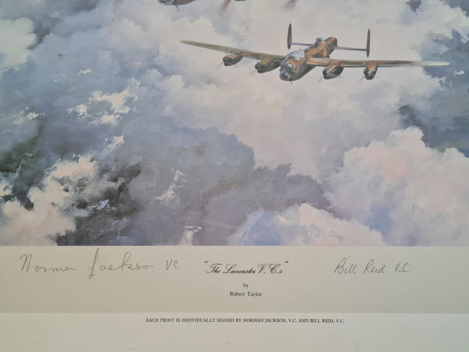 F&G (Perspex) coloured print by Robert Taylor ?The Lancaster V.C.s?, signed by V.C. recipients - Image 4 of 5