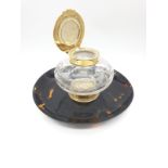 Antique 9ct gold top and collar tortoiseshell inkwell, 12cm diameter and 5cm high approx