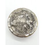 Vintage large white metal snuff box with raised dragon top. Lid fitting snug and tight Size 6.75