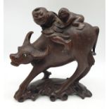 Chinese wooden hand Carved BUFFALLO ridden by father & son, 23cm tall