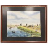 A watercolour landscape painting "Wisbech 1848" by artist F. Howard. Gilt inlet & wood frame. 54 x