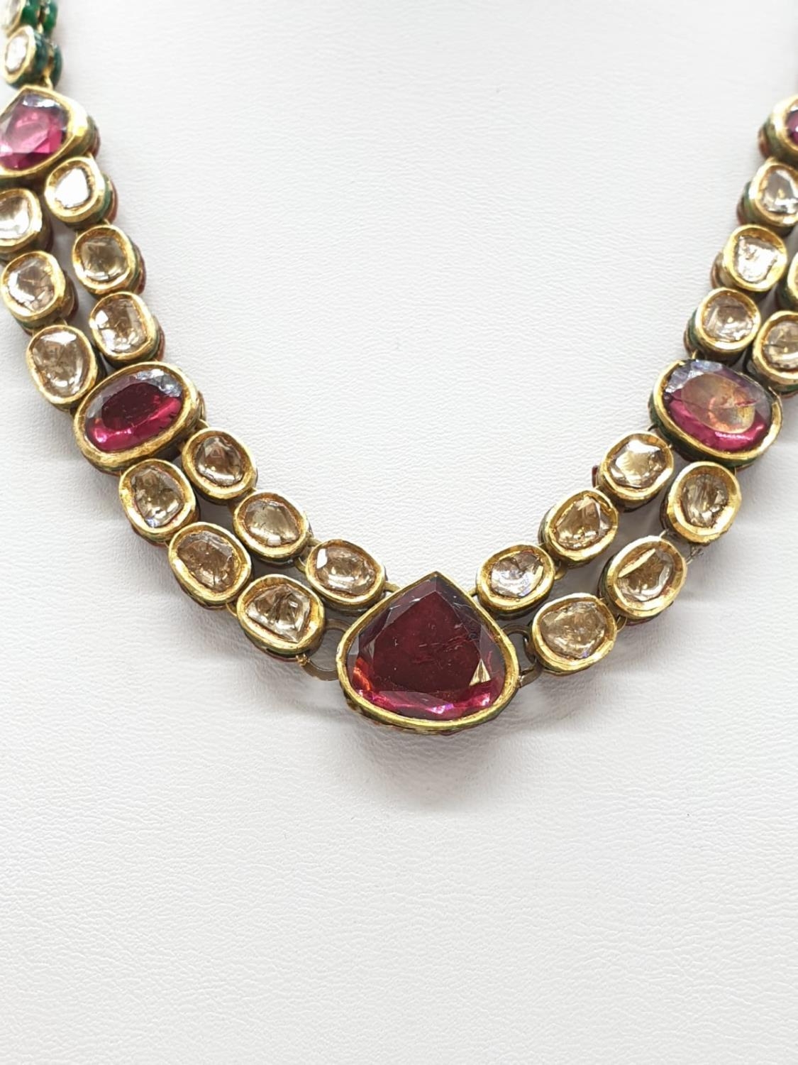 18k Indian set of Ruby and Rose Diamonds NECKLACE (40cm) and EARRINGS. 68g. - Image 5 of 9