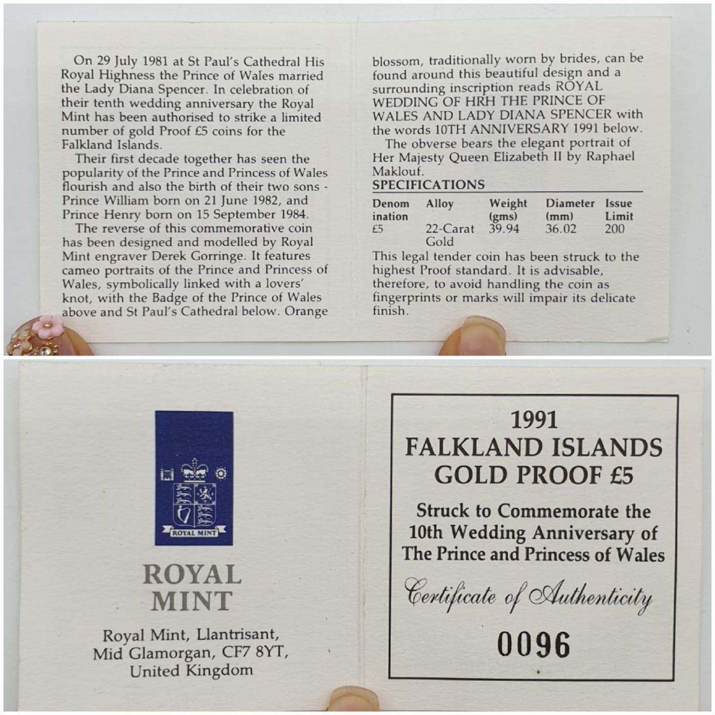 1991 FALKLANDS ISLAND £5 GOLD PROOF ROYAL WEDDING 10TH ANNIVERSARY, 22ct GOLD WEIGHT 39.94g, IN - Image 4 of 4