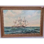 Large oil on canvas painting by M.W. Whittington of a Royal Navy Schooner in full sail, 88x62cm