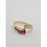 18ct yellow gold diamond and ruby ring, weight 3g and size N