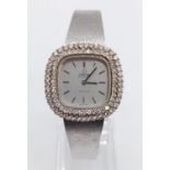 Vintage 18ct white gold OMEGA de Ville ladies automatic watch, square face with diamond encrusted
