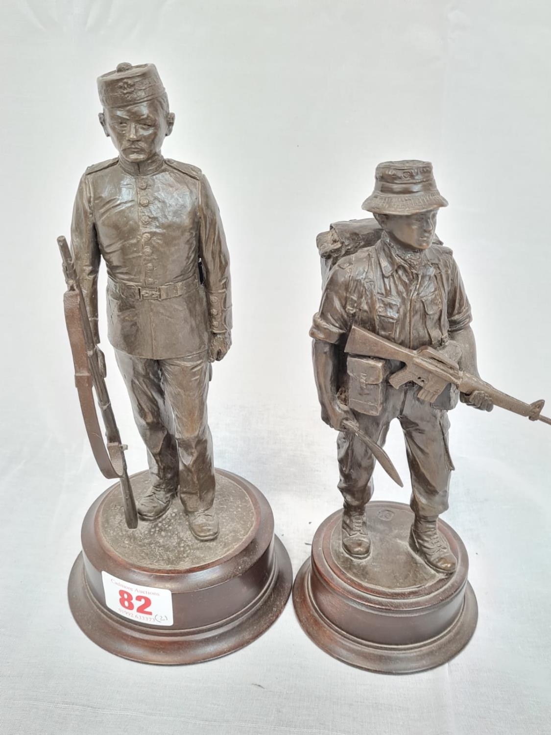 2 x cold cast bronze figures by Peter Hicks depicting Gurkha soldiers, one of the Victorian era