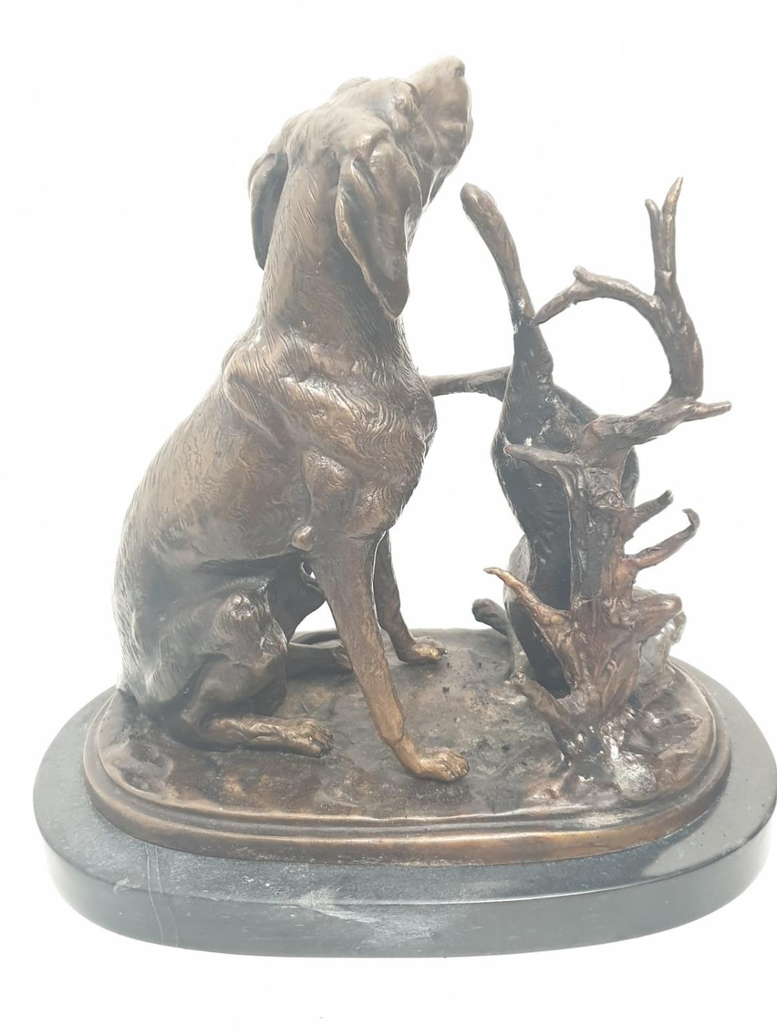 A vintage bronze sculpture of a hunting dog and an unlucky rabbit. 25 x 25 cm. - Image 5 of 6