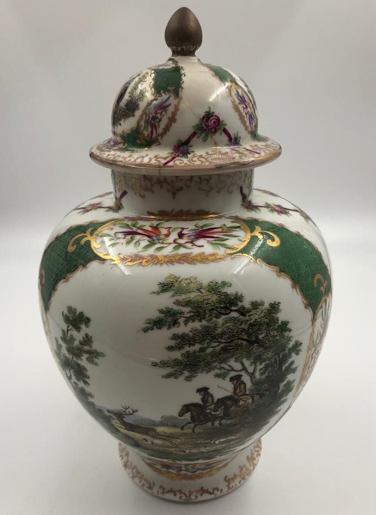 Pair of Augustus Rex, Meissen porcelain ginger jars late 19th century, hand painted with gilt - Image 4 of 12