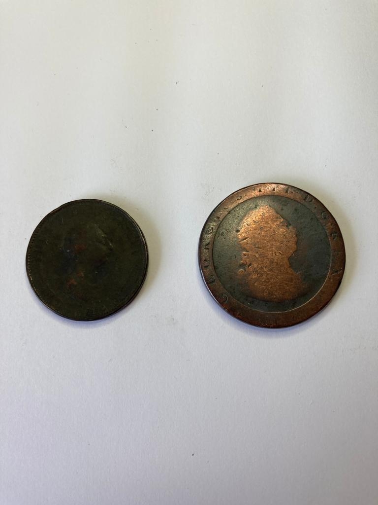 2 x George III copper coins: 1 x 1797 Cartwheel penny, 1 x Halfpenny 1799. - Image 2 of 2