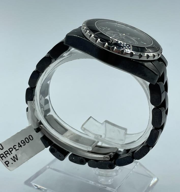 Chanel ceramic quartz watch model J12, black face and full diamonds set dial - Image 3 of 3