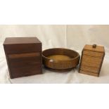 Trio of wooden STORAGE CONTAINERS. The bowl, the open top box and the roller shutter box.