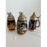 Collection of 3 German beer Steins, all having lids and the DBGM marking for genuine and original