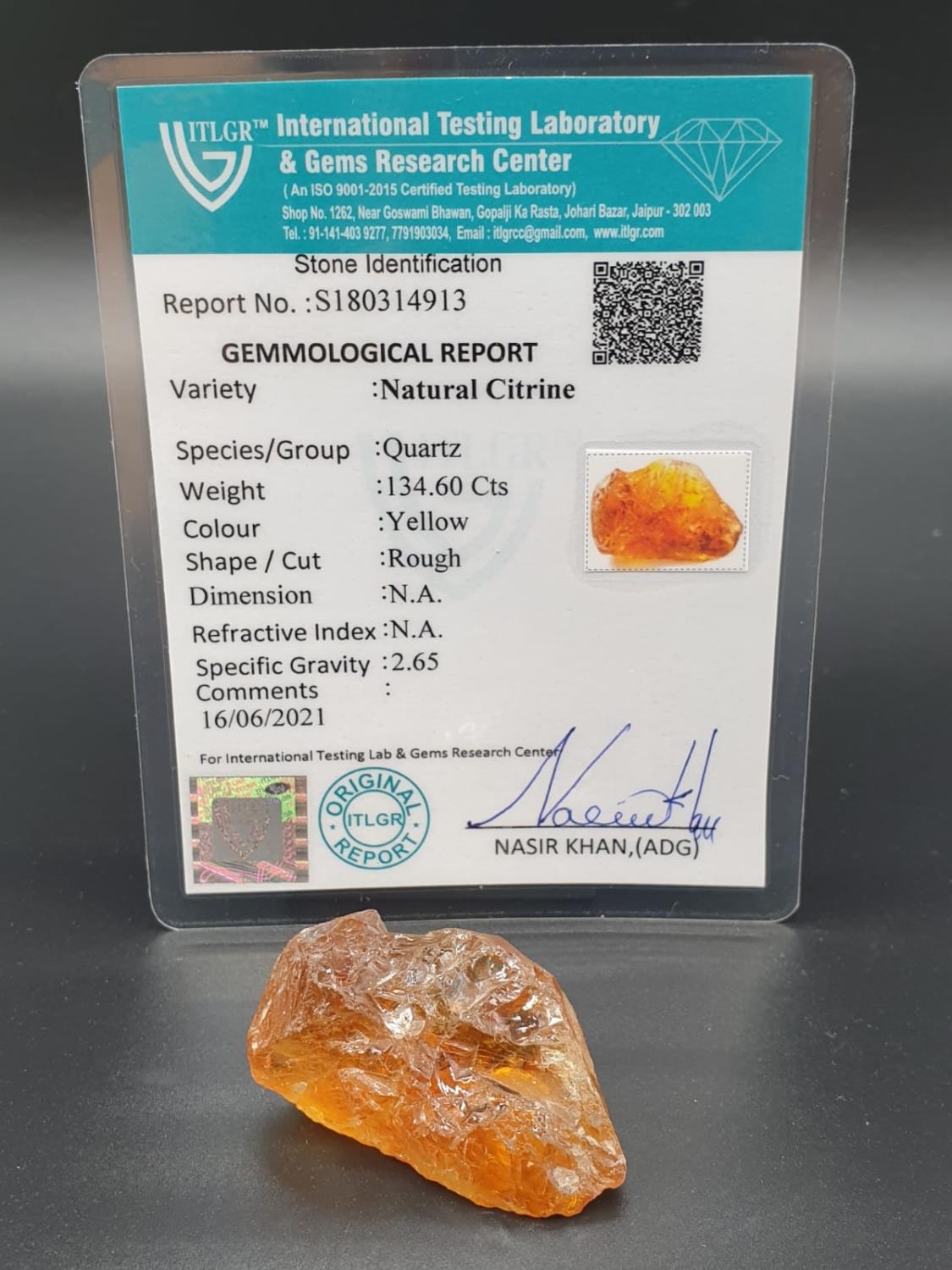 134.60 Ct Natural Citrine. Rough shape. ITLGR certified