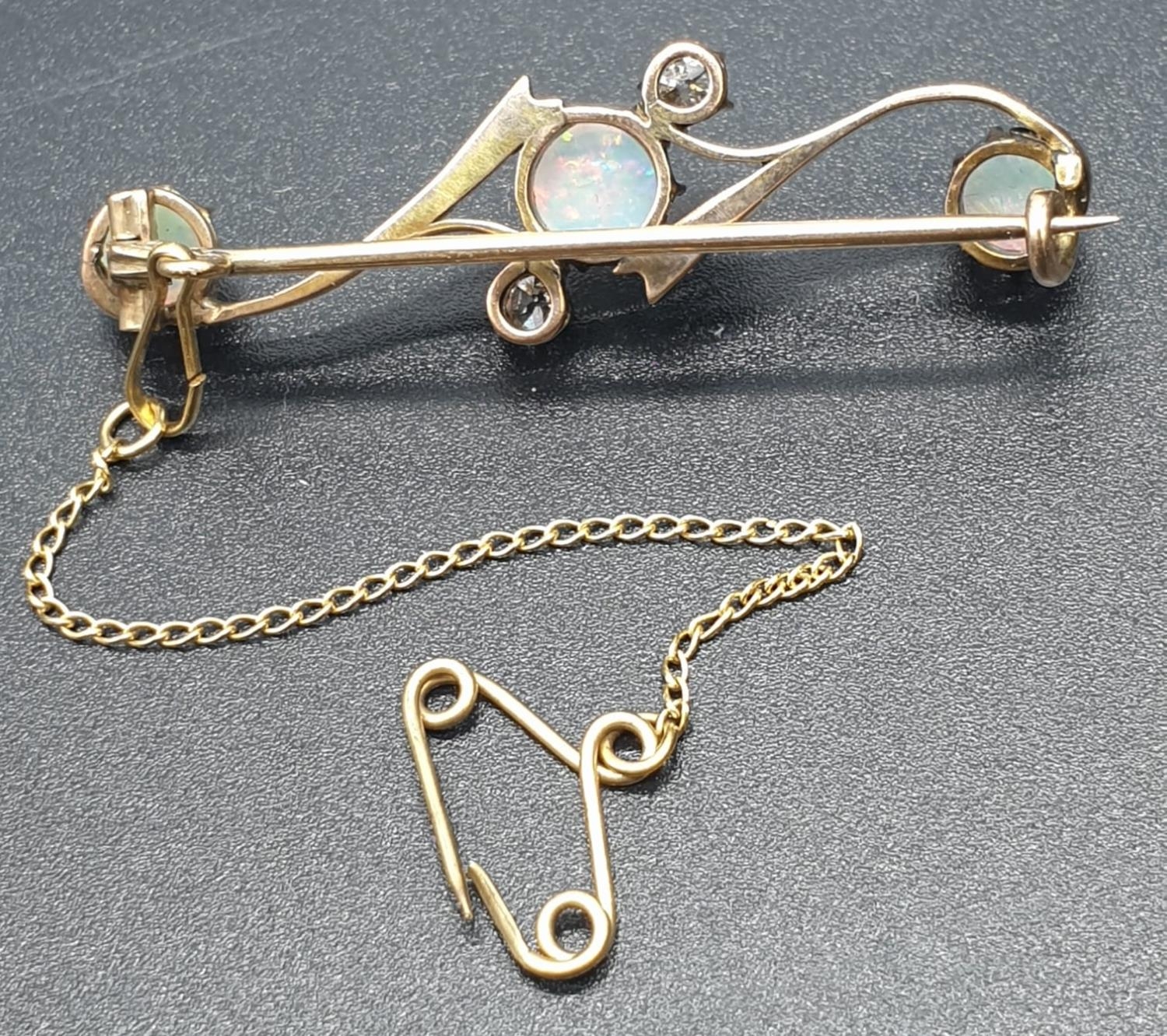 Opal Yellow Metal and Diamonds Antique BAR BROOCH. 3.5g 4cm width. - Image 6 of 8