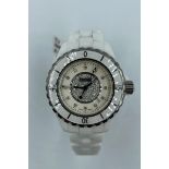 Chanel ceramic quartz watch with cream face and full diamond set dial