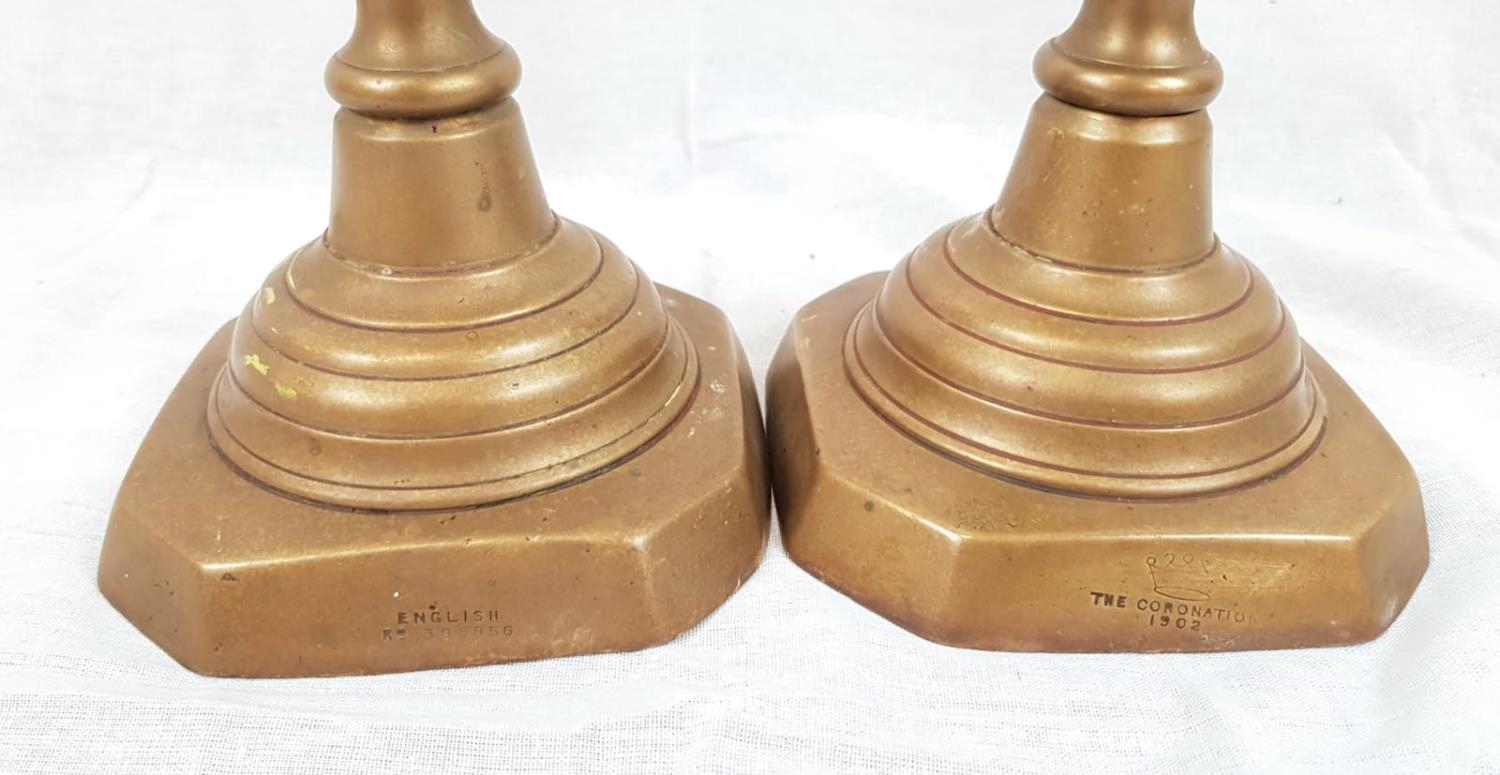 Antique BRASS CANDLESTICKS stamped and dated 1902 Coronation, plus English and registered number. - Image 2 of 3