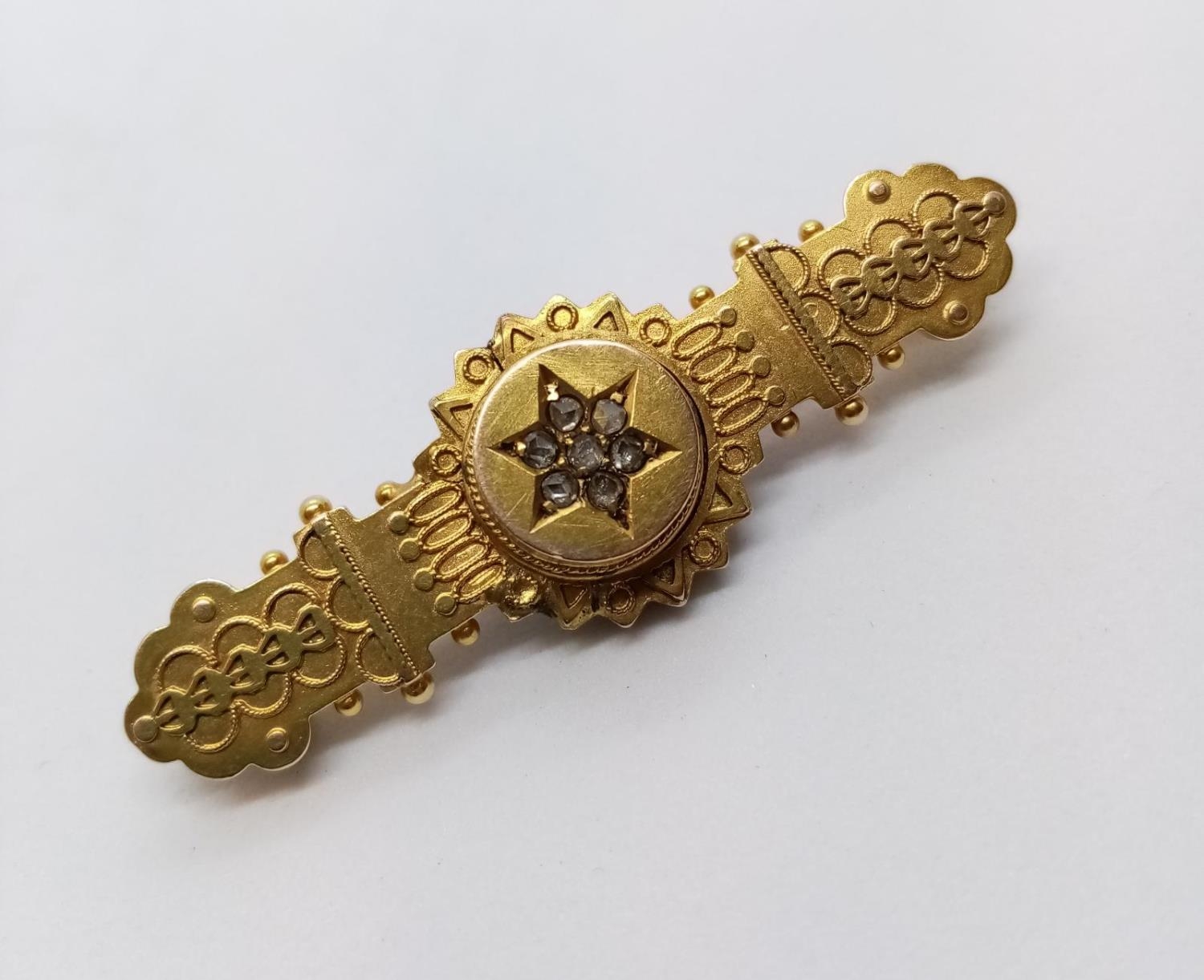 Antique 15ct BAR BROOCH with Diamonds. 4.7g 4.5cm wide. - Image 3 of 5