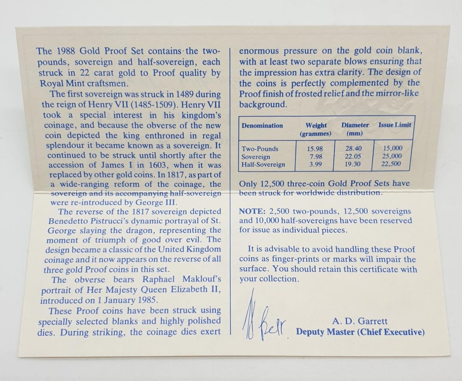 1988 UK GOLD PROOF 3 COIN COLLECTION TO INCLUDE A DOUBLE SOVEREIGN, A SOVEREIGN AND A HALF - Image 3 of 6