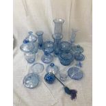 A selection of fifteen pieces of decorated BLUE GLASSWARE.