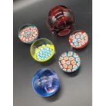 Collection of 6 paperweights, 4 are Millefiori styled, the other two are Caithness paperweights, the