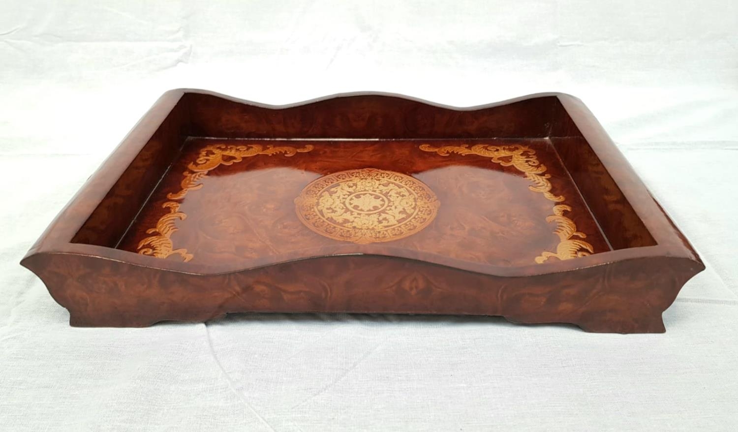 3x lacquered wooden trays with decorative Chinese etchings, largest size 60x35cm approx - Image 3 of 4