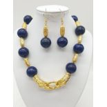 An impressive set of lapis lazuli necklace and earrings, with large (20mm), round, lapis lazuli