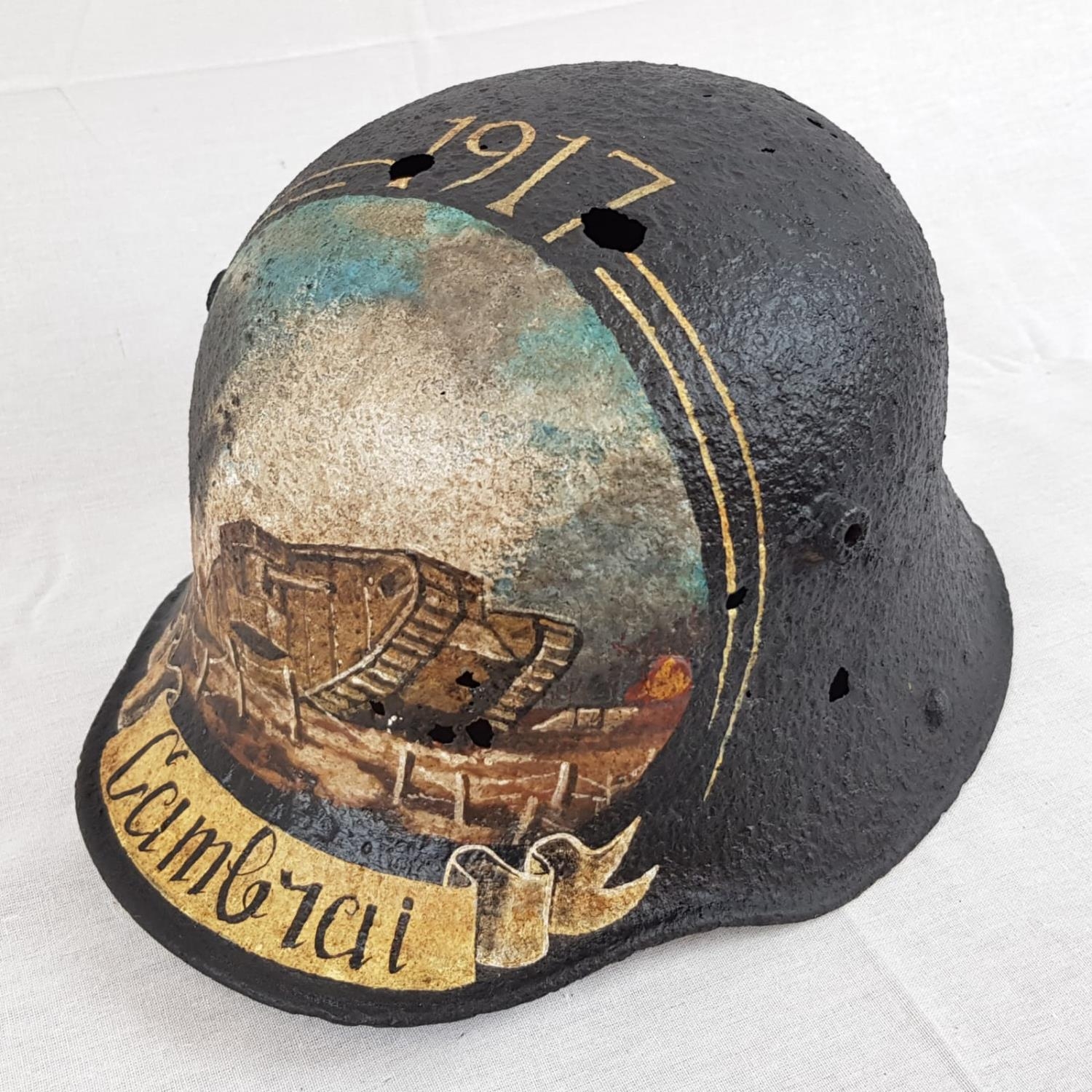 WW1 Imperial German Stahlhelm Helmet that was found near Cambrai, France. Hand painted with a