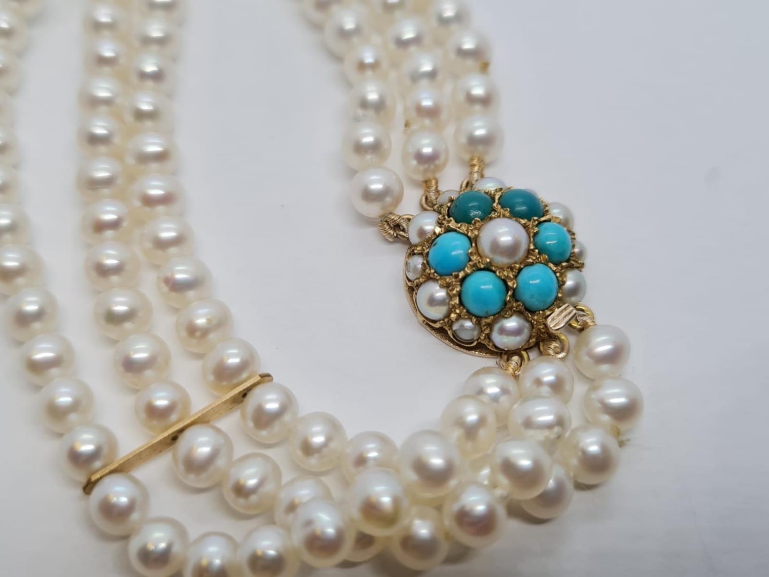 Triple row of Pearls BRACELET with a Turquoise and 9ct Gold Clasp . 72.2g - Image 3 of 4