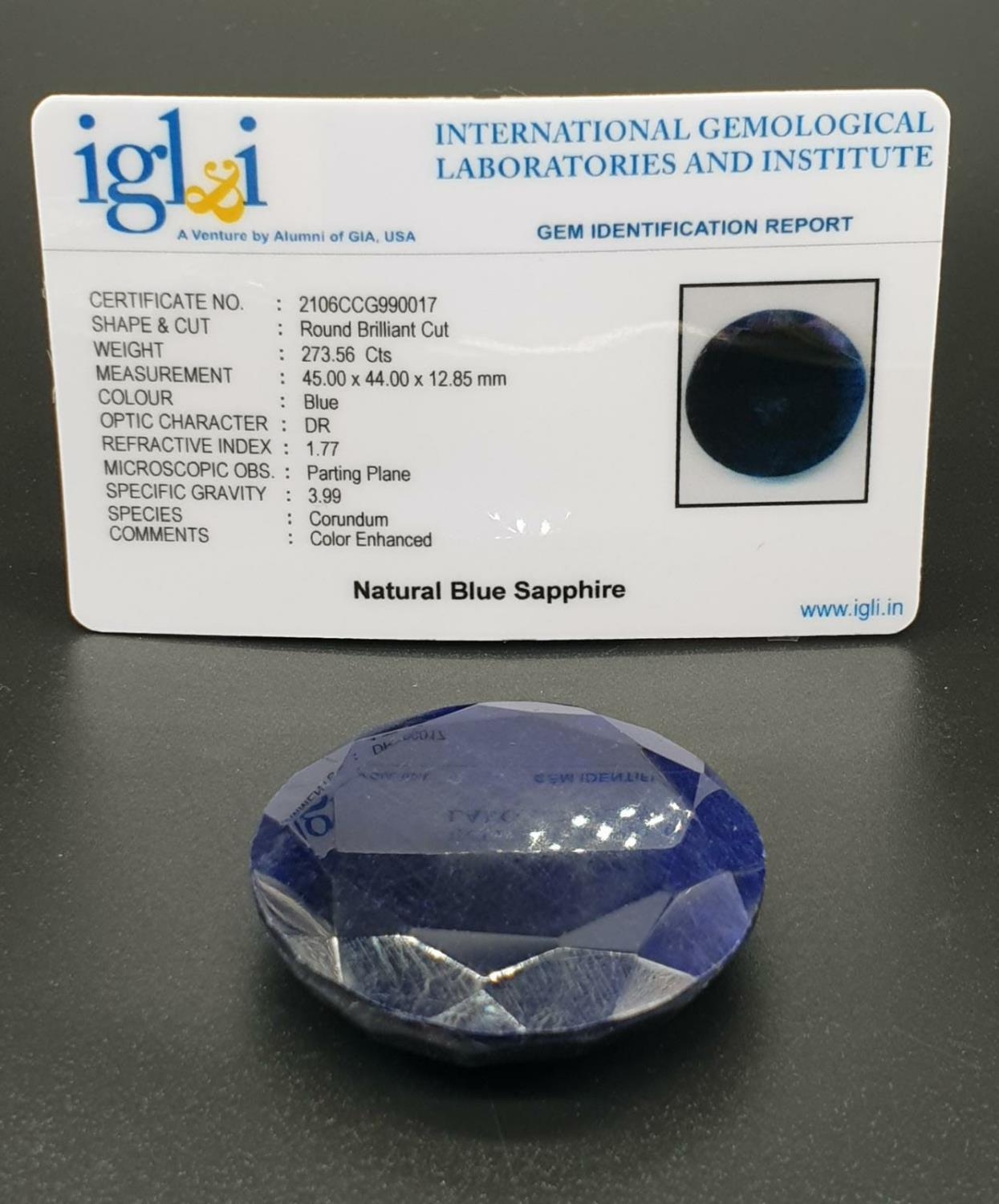 273.56 Ct Natural Blue Sapphire. Round brilliant cut. IGL&I certified