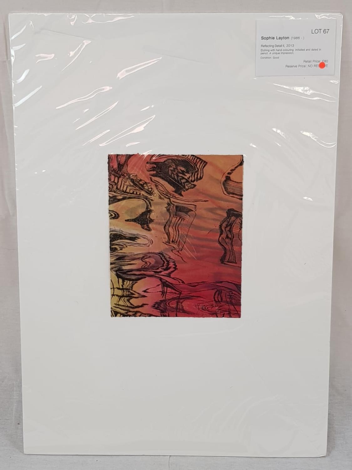 Reflecting detail by Sophie Layton. An etching with hand colouring, initialled and dated in