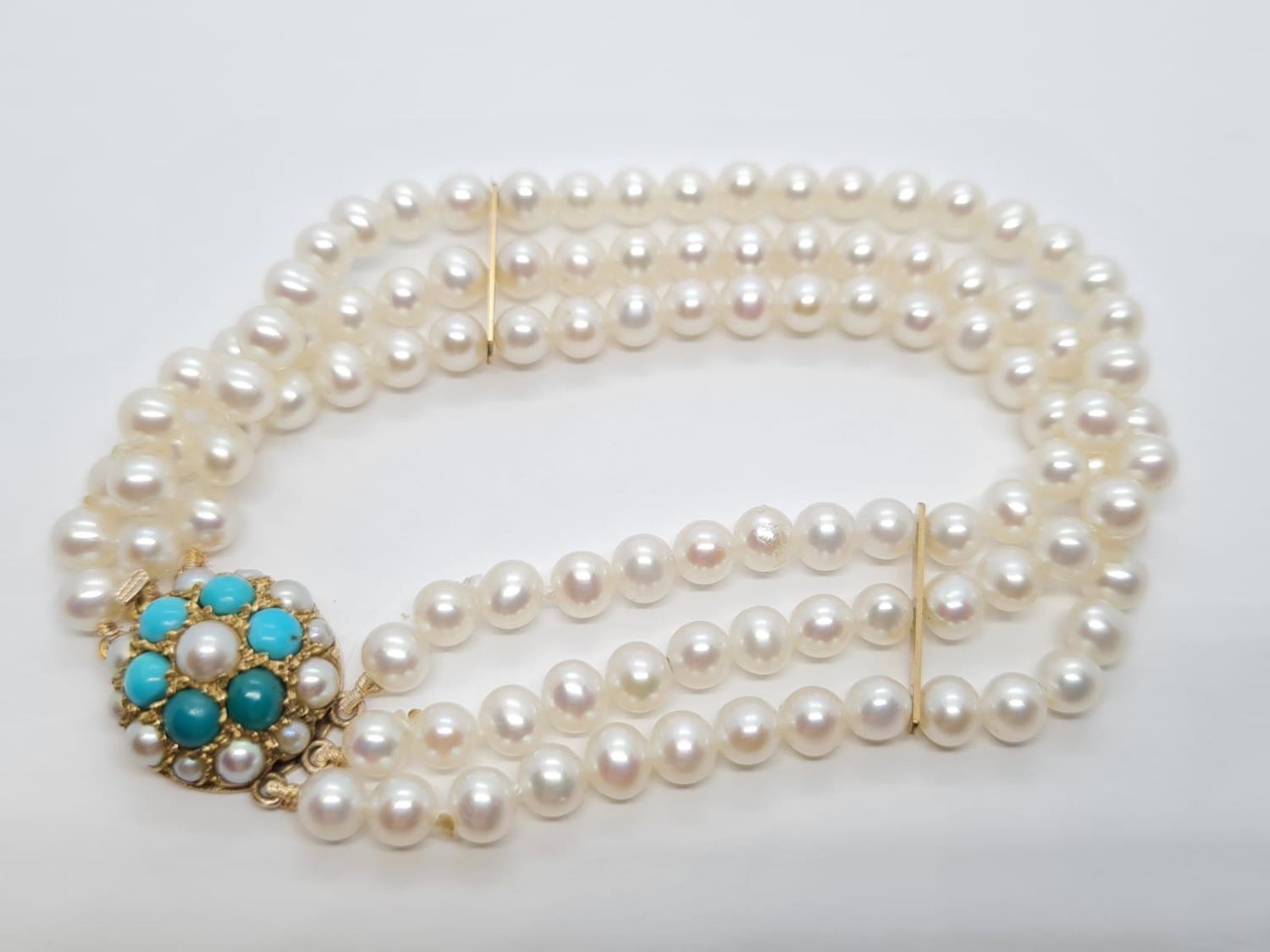 Triple row of Pearls BRACELET with a Turquoise and 9ct Gold Clasp . 72.2g - Image 2 of 4