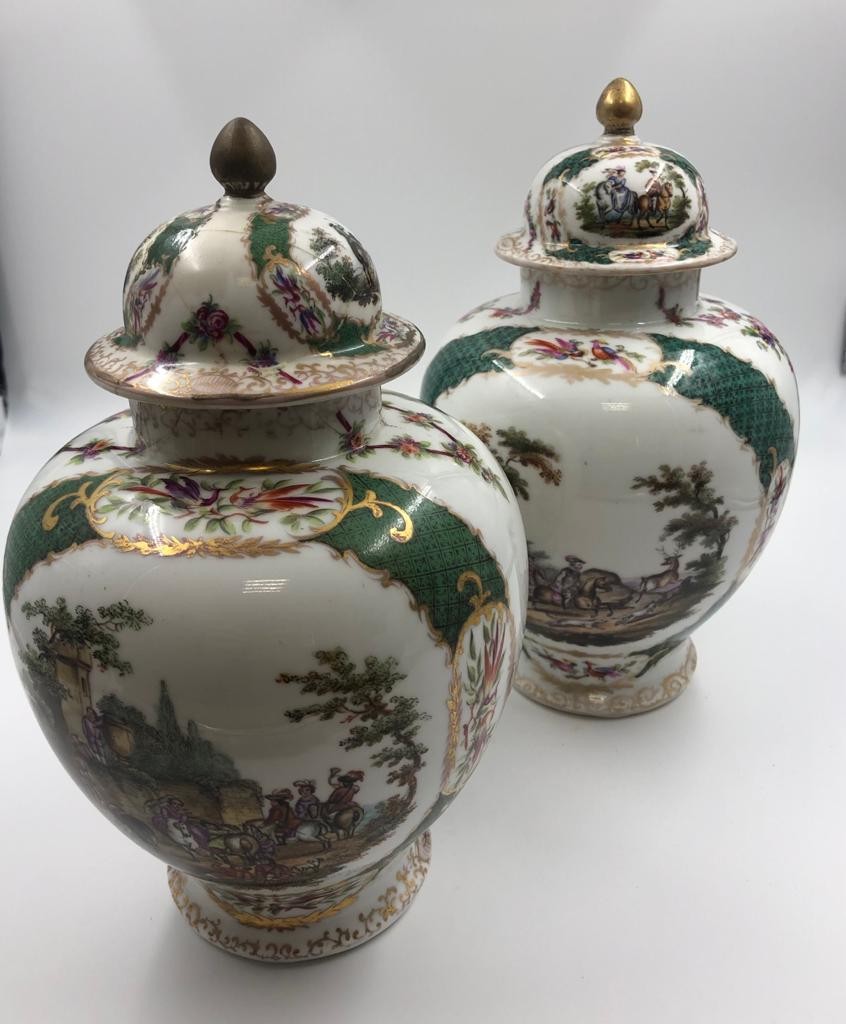 Pair of Augustus Rex, Meissen porcelain ginger jars late 19th century, hand painted with gilt - Image 2 of 12