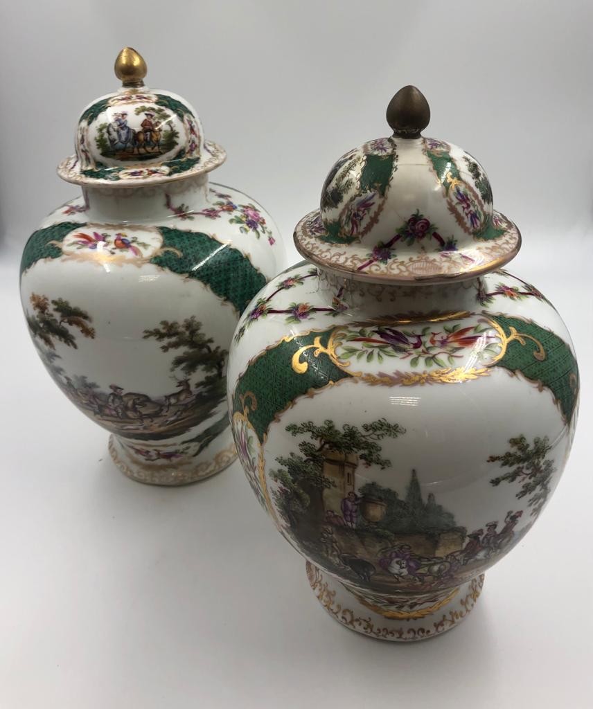 Pair of Augustus Rex, Meissen porcelain ginger jars late 19th century, hand painted with gilt