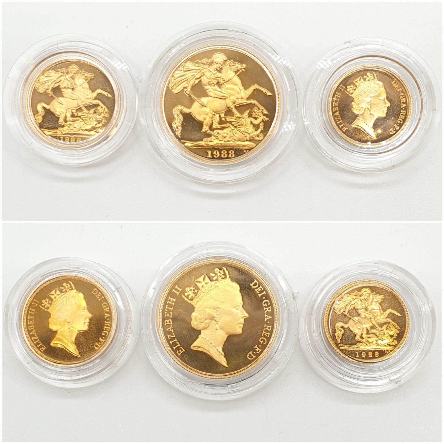 1988 UK GOLD PROOF 3 COIN COLLECTION TO INCLUDE A DOUBLE SOVEREIGN, A SOVEREIGN AND A HALF - Image 2 of 6