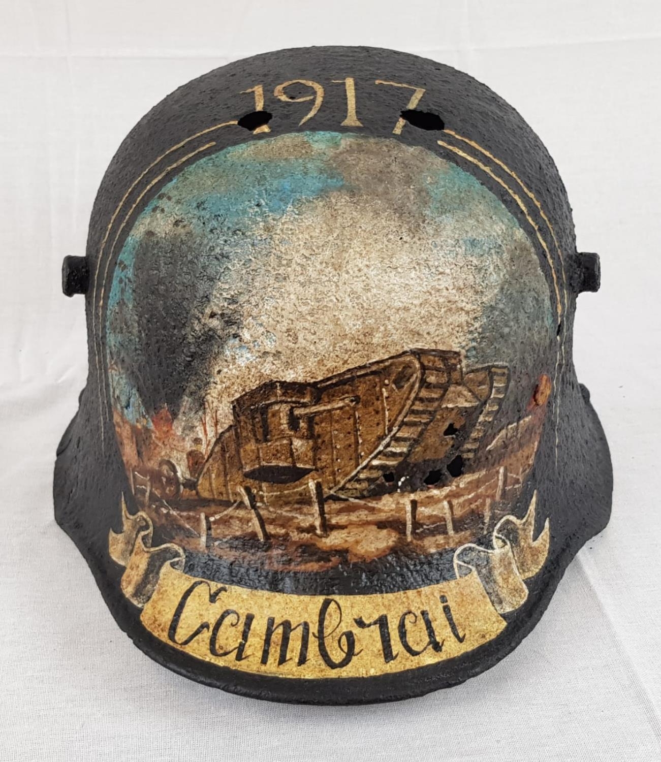 WW1 Imperial German Stahlhelm Helmet that was found near Cambrai, France. Hand painted with a - Image 2 of 5